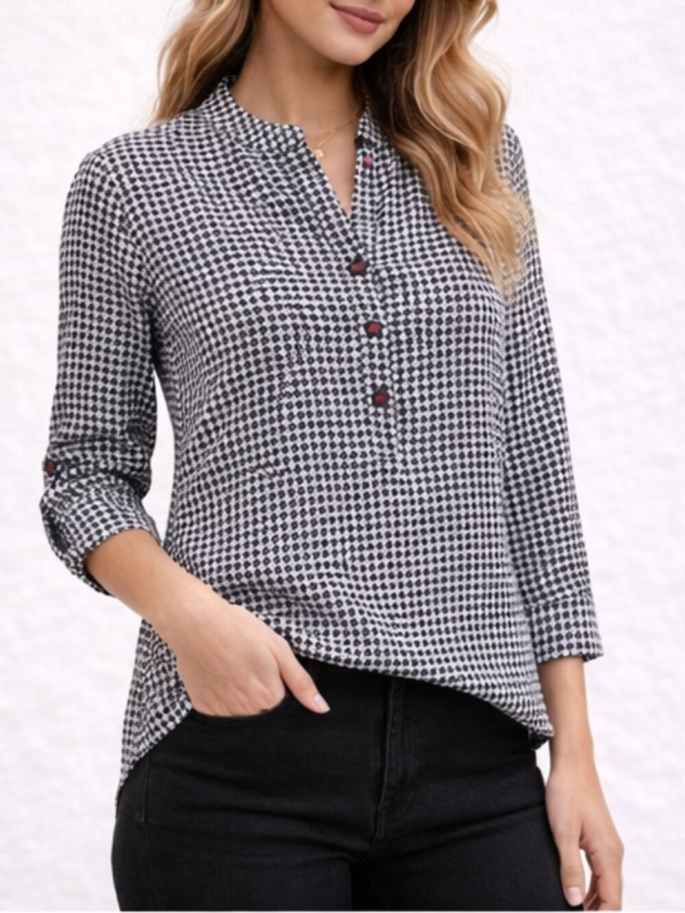 Van Heusen Houndstooth Button-Front Blouse White Black | Small